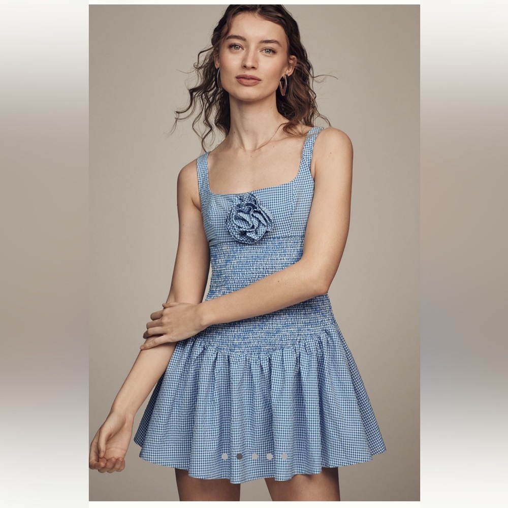 Anthropologie Maeve Smocked Rosette Drop-Waist Mini Dress in blue gingham Size L